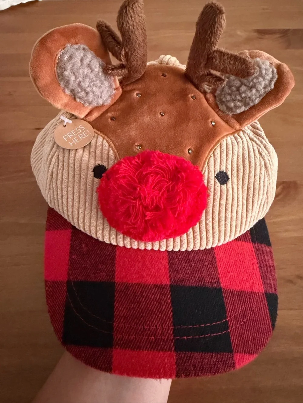 Mud Pie Tan & Red Reindeer Cap with Buffalo Plaid Brim Unisex 3T-5T